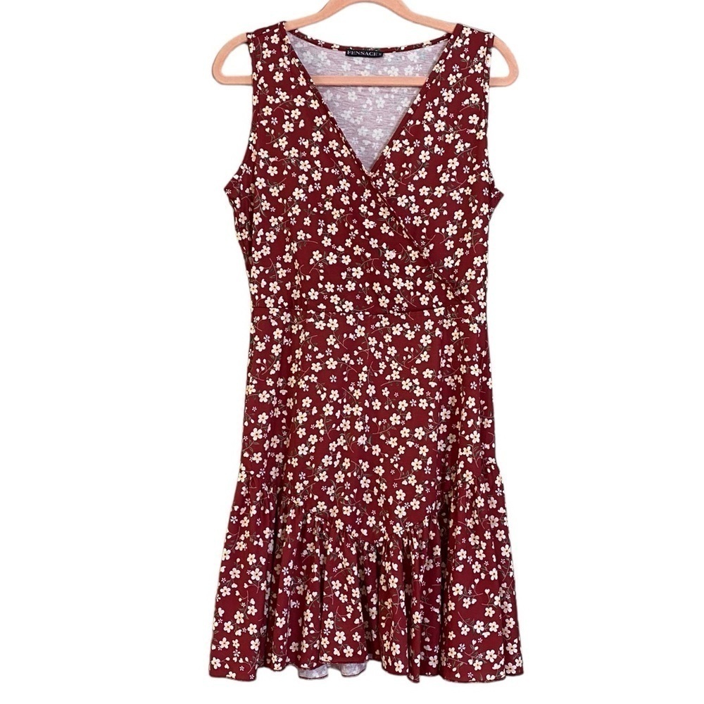 Fensace Womens Red With Yellow Floral Sun Dress Sleeveless Teared Skirt